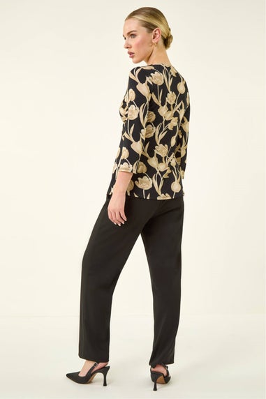 Roman Black Petite Floral Knot Front Stretch Top