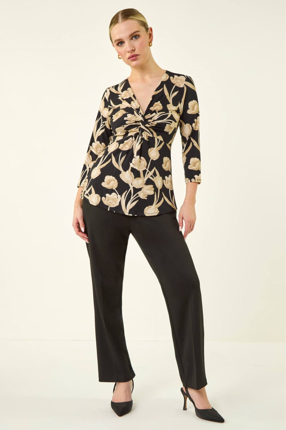 Roman Black Petite Floral Knot Front Stretch Top