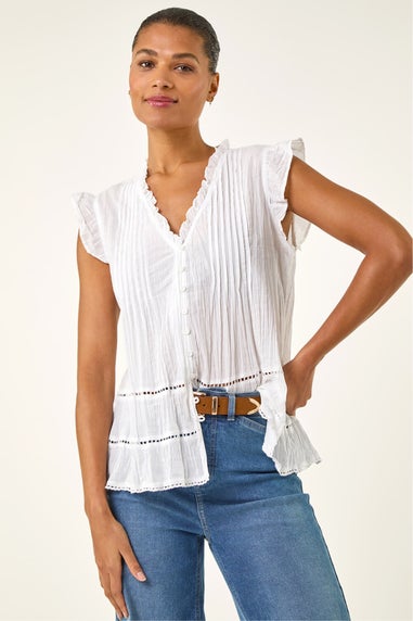 Roman Ivory Crinkle Frill Neck Blouse