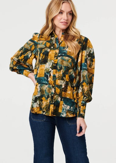 Izabel London Teal Leaf Print Puff Sleeve Relaxed Shirt