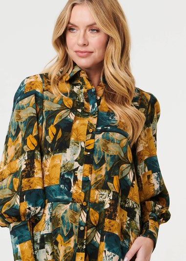 Izabel London Teal Leaf Print Puff Sleeve Relaxed Shirt