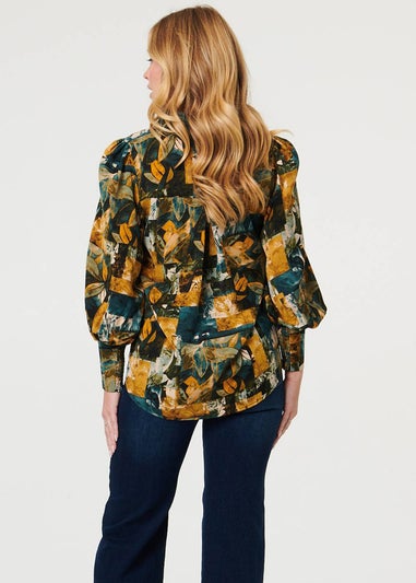 Izabel London Teal Leaf Print Puff Sleeve Relaxed Shirt