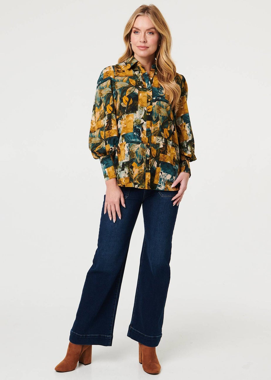 Izabel London Teal Leaf Print Puff Sleeve Relaxed Shirt