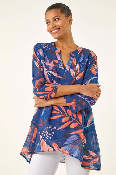 Roman Navy Leaf Print Wrap Front Tunic Top