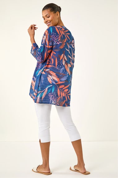 Roman Navy Leaf Print Wrap Front Tunic Top