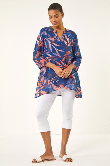 Roman Navy Leaf Print Wrap Front Tunic Top