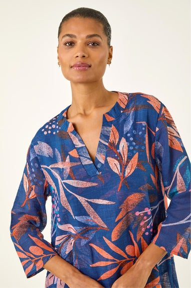 Roman Navy Leaf Print Wrap Front Tunic Top