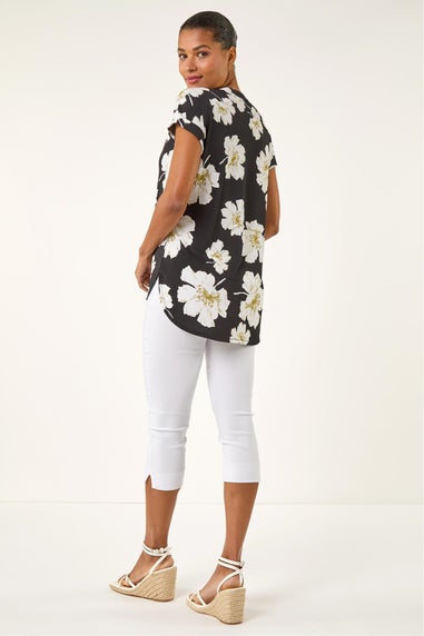 Roman Black Floral Puff Print Stretch Top