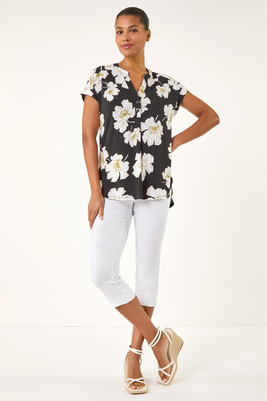 Roman Black Floral Puff Print Stretch Top