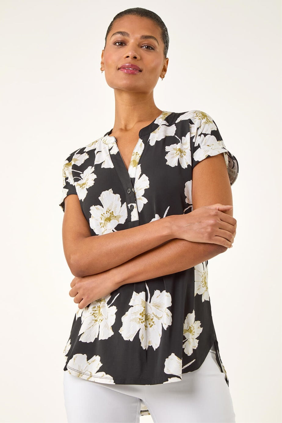 Roman Black Floral Puff Print Stretch Top