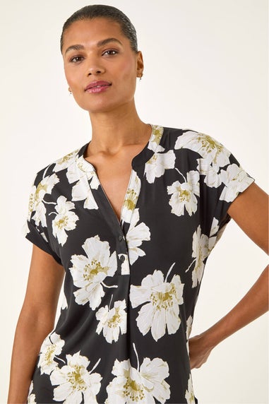 Roman Black Floral Puff Print Stretch Top