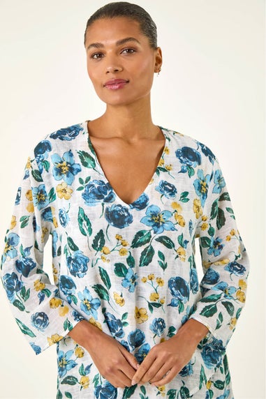 Roman Blue Floral Wrap Hem Tunic Top