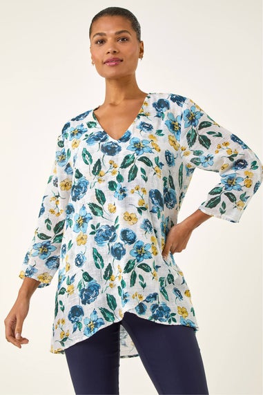 Roman Blue Floral Wrap Hem Tunic Top