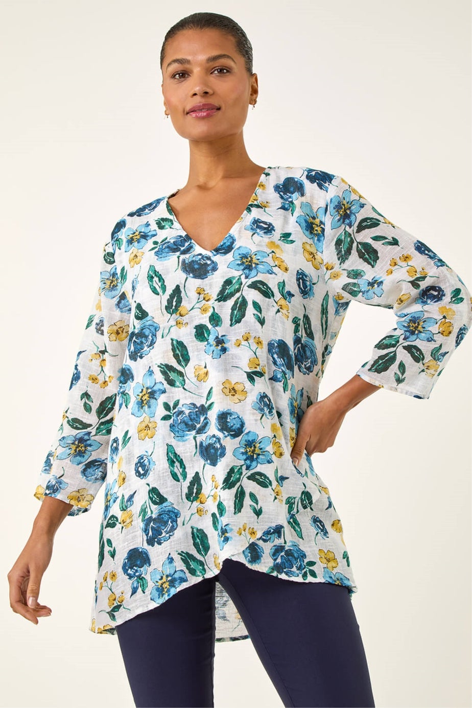 Roman Blue Floral Wrap Hem Tunic Top