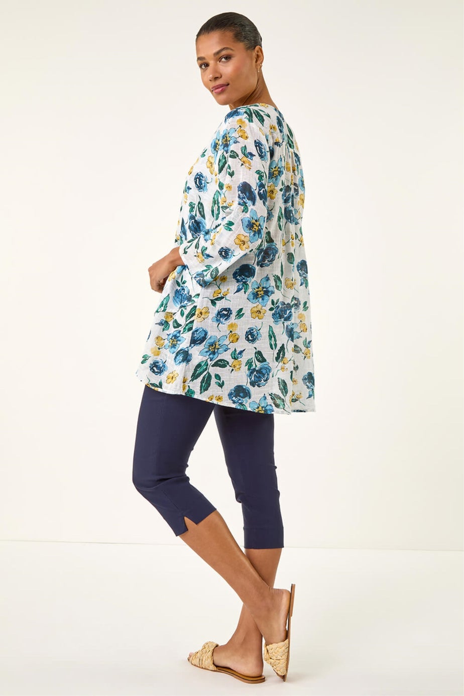 Roman Blue Floral Wrap Hem Tunic Top