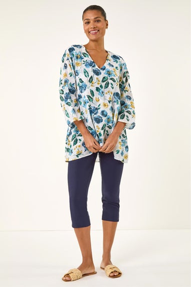 Roman Blue Floral Wrap Hem Tunic Top