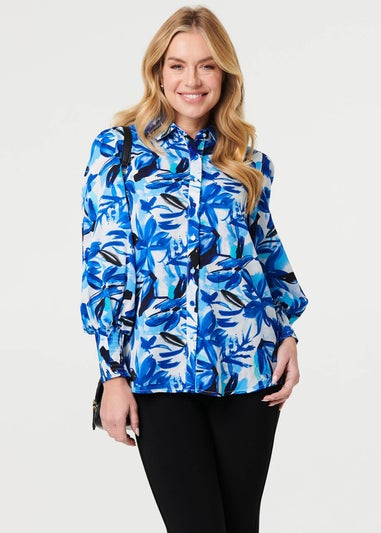 Izabel London Blue Brushstroke Print Long Puff Sleeve Shirt
