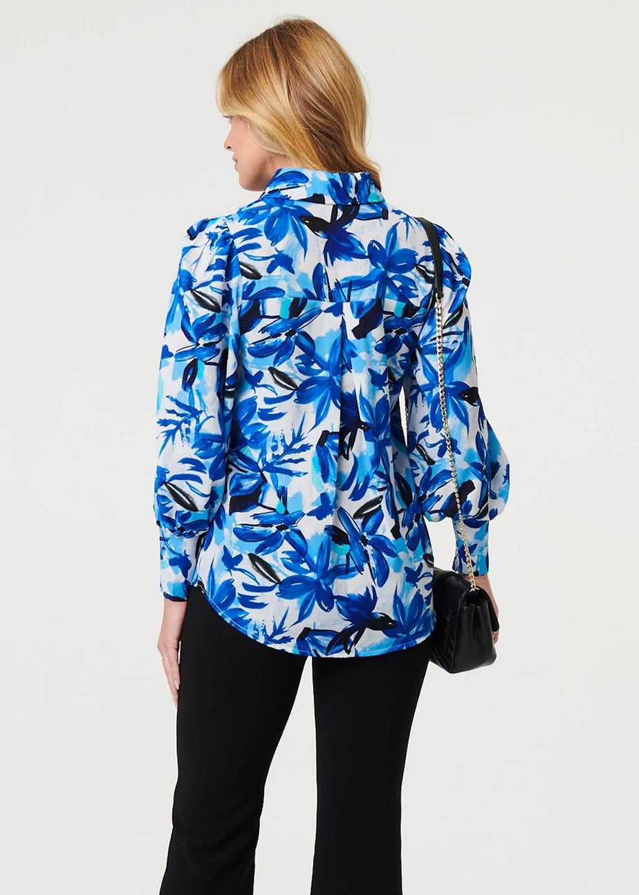 Izabel London Blue Brushstroke Print Long Puff Sleeve Shirt