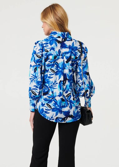 Izabel London Blue Brushstroke Print Long Puff Sleeve Shirt