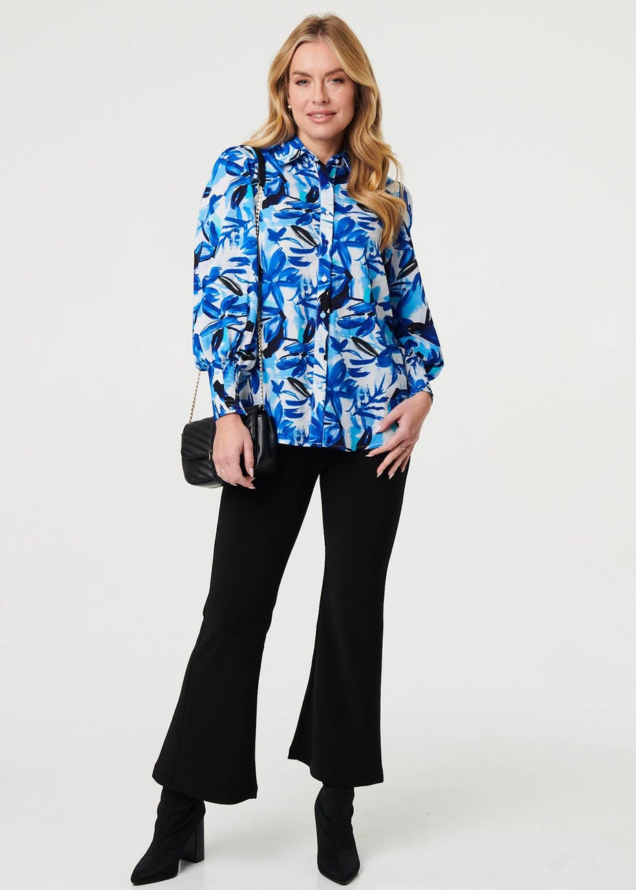 Izabel London Blue Brushstroke Print Long Puff Sleeve Shirt