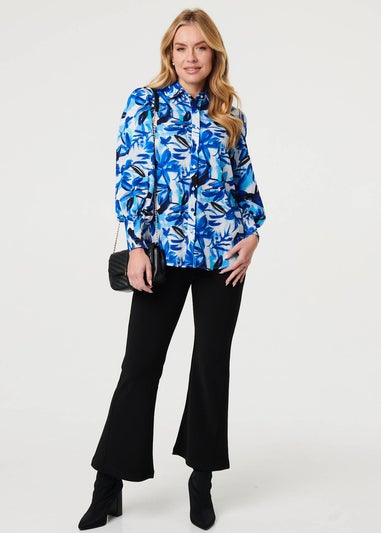 Izabel London Blue Brushstroke Print Long Puff Sleeve Shirt