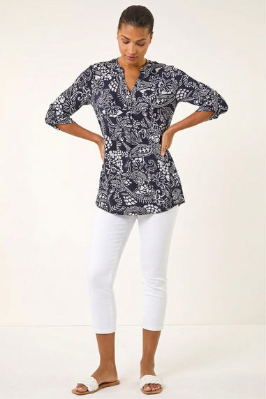 Roman Navy Abstract Print Buttoned Tunic Top