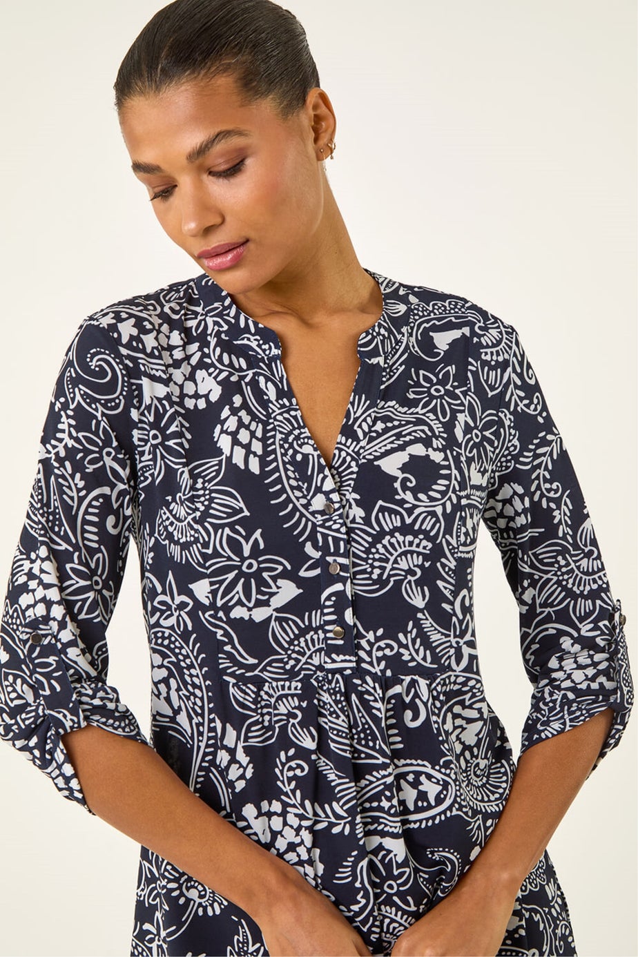 Roman Navy Abstract Print Buttoned Tunic Top