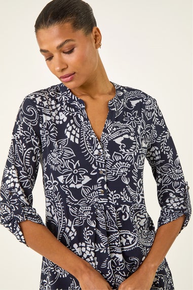 Roman Navy Abstract Print Buttoned Tunic Top