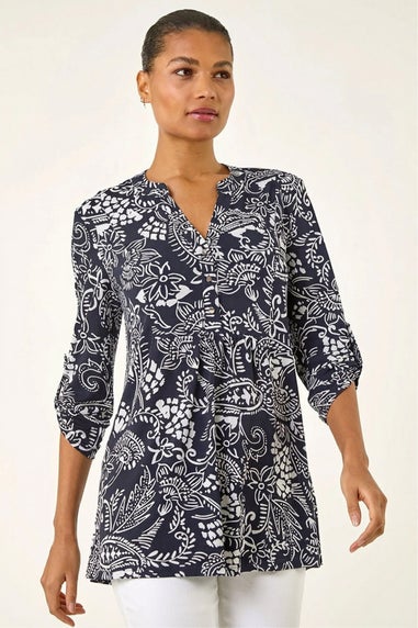 Roman Navy Abstract Print Buttoned Tunic Top