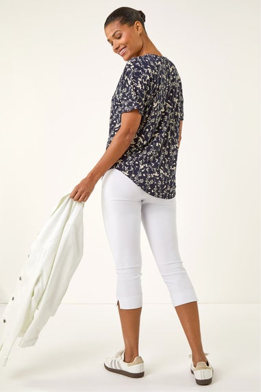 Roman Navy Floral Puff Print Zip Front Top