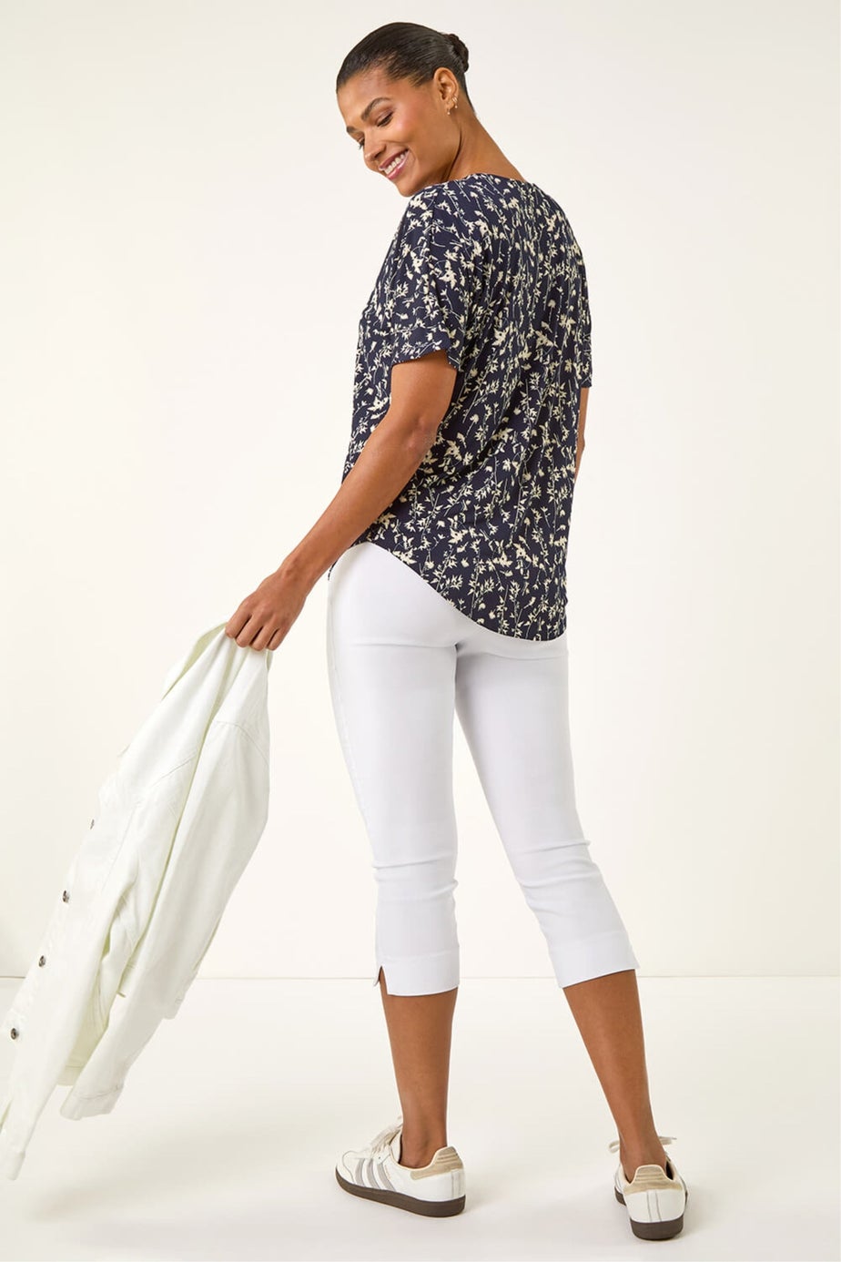 Roman Navy Floral Puff Print Zip Front Top