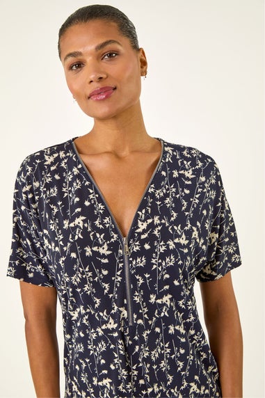 Roman Navy Floral Puff Print Zip Front Top