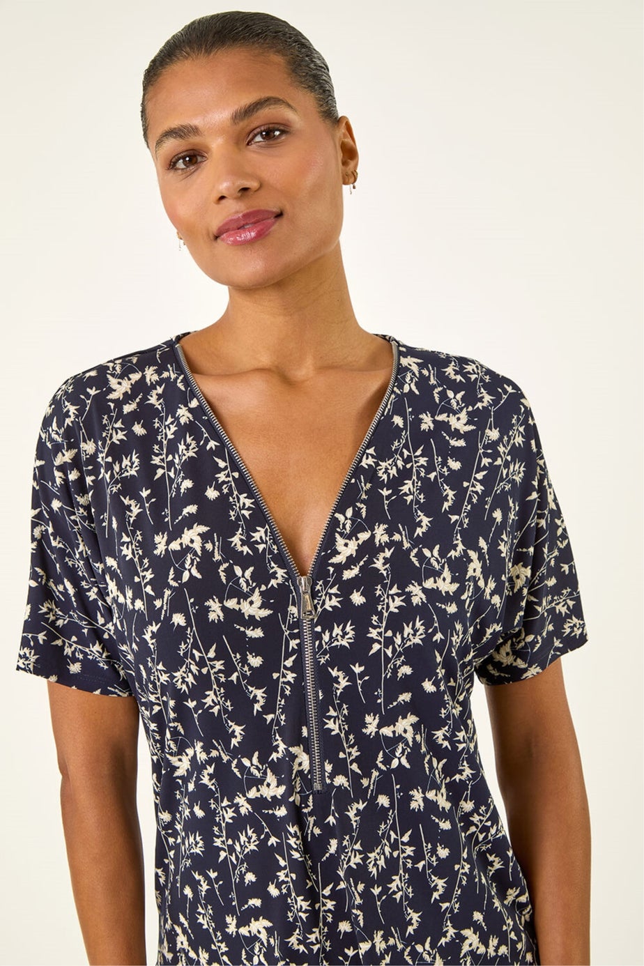 Roman Navy Floral Puff Print Zip Front Top