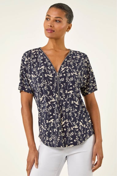 Roman Navy Floral Puff Print Zip Front Top