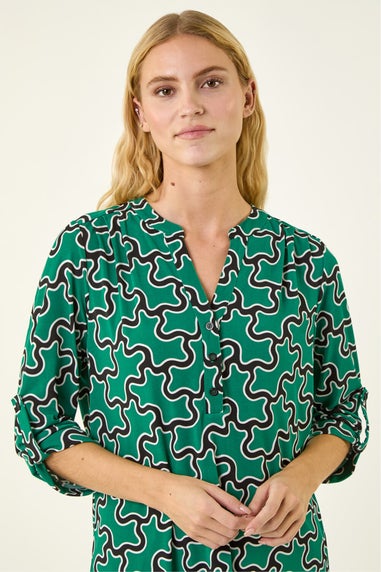 Roman Green Abstract Print Stretch Shirt