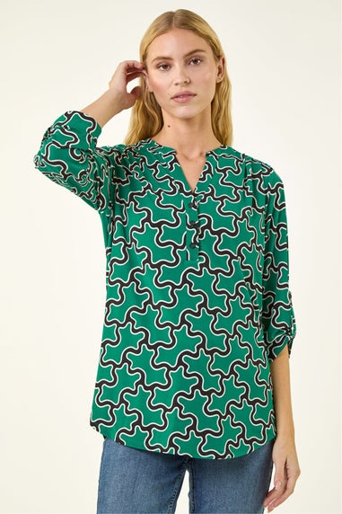 Roman Green Abstract Print Stretch Shirt