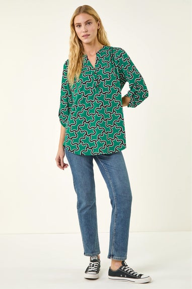 Roman Green Abstract Print Stretch Shirt