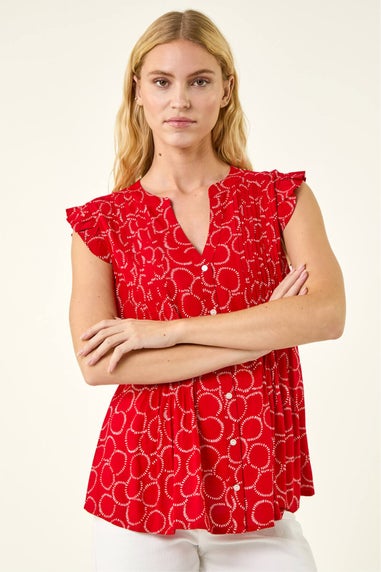 Roman Red Circle Print Frill Sleeve Blouse