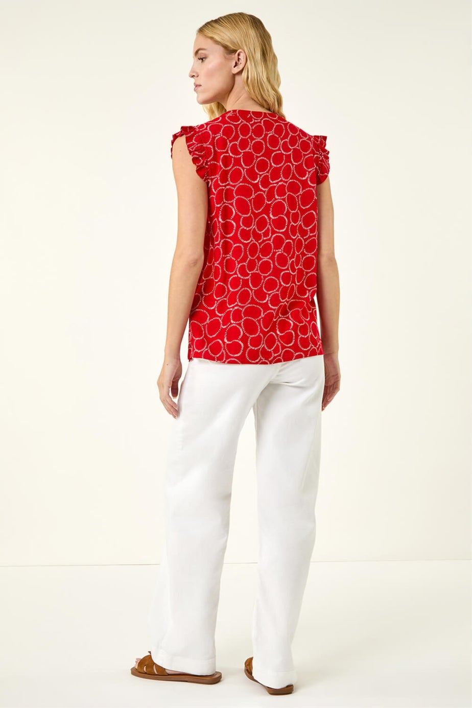 Roman Red Circle Print Frill Sleeve Blouse