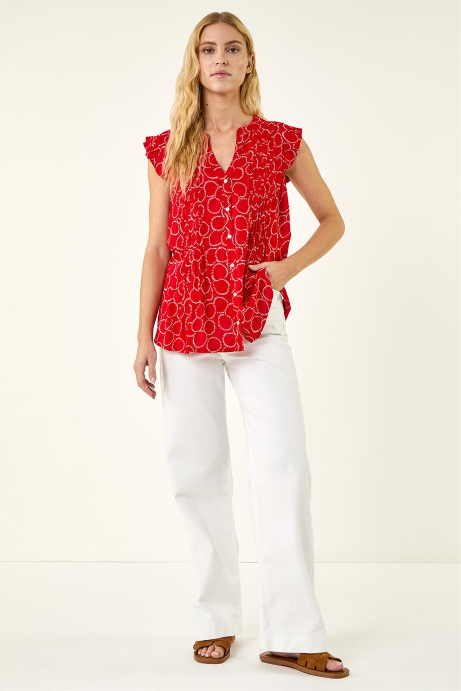 Roman Red Circle Print Frill Sleeve Blouse