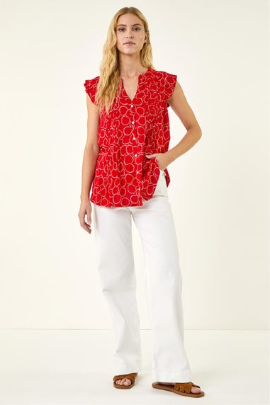 Roman Red Circle Print Frill Sleeve Blouse