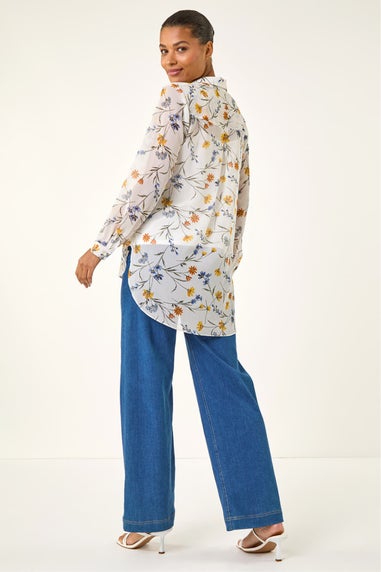 Roman White Floral Print Button Blouse