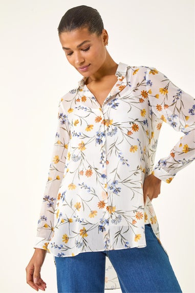 Roman White Floral Print Button Blouse