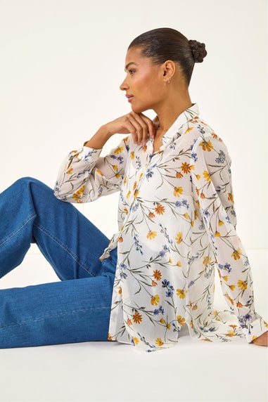 Roman White Floral Print Button Blouse