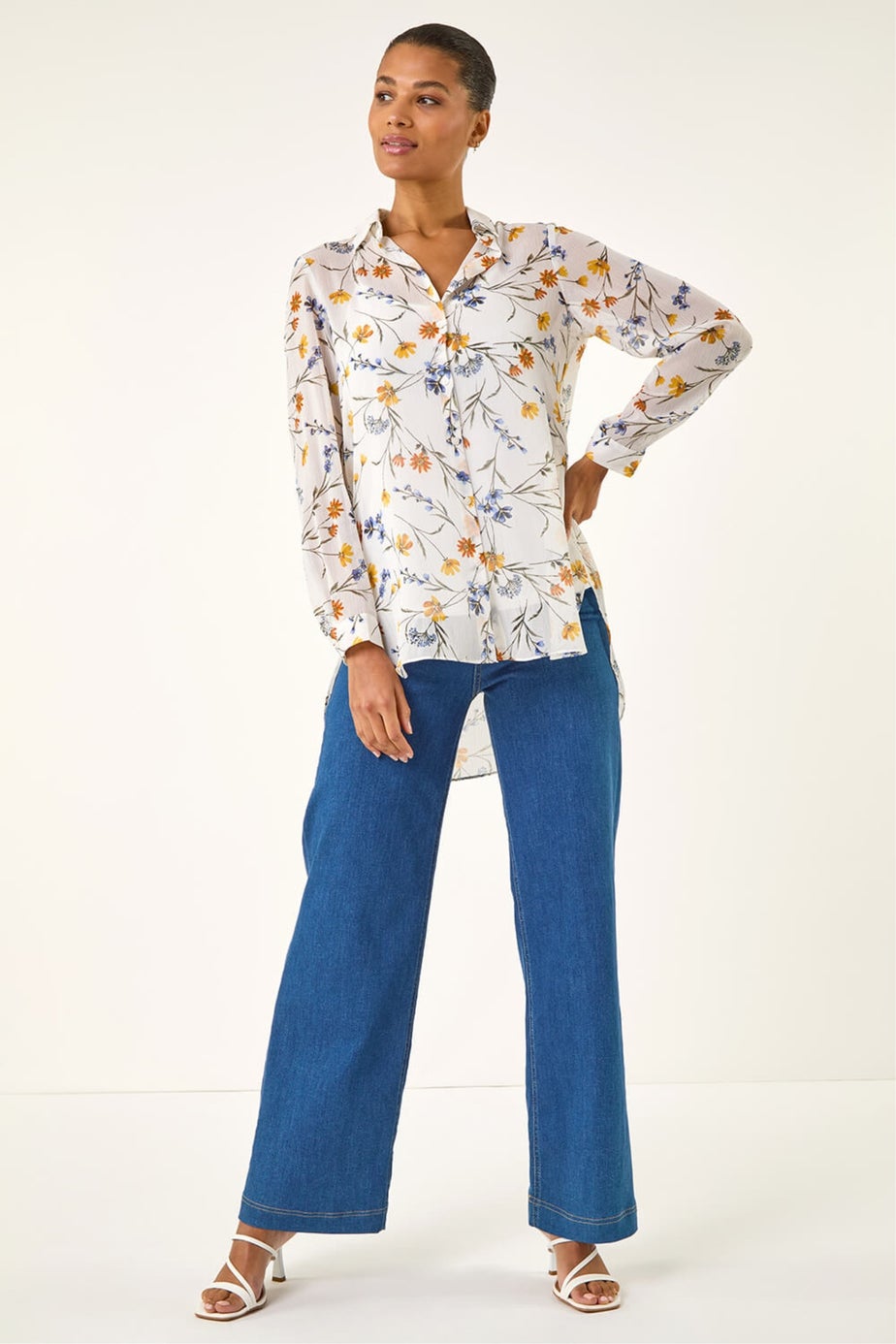 Roman White Floral Print Button Blouse