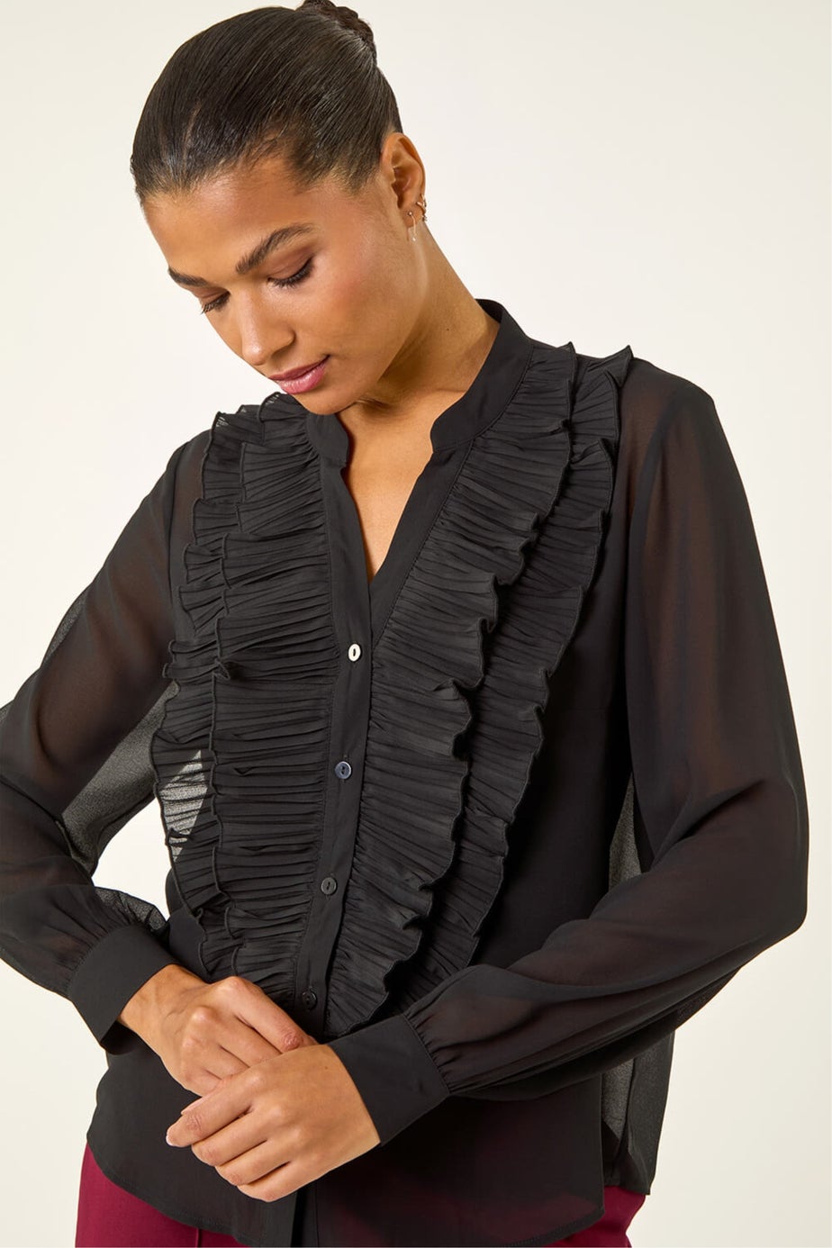Roman Black Ruffle Front V-Neck Blouse