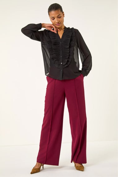 Roman Black Ruffle Front V-Neck Blouse
