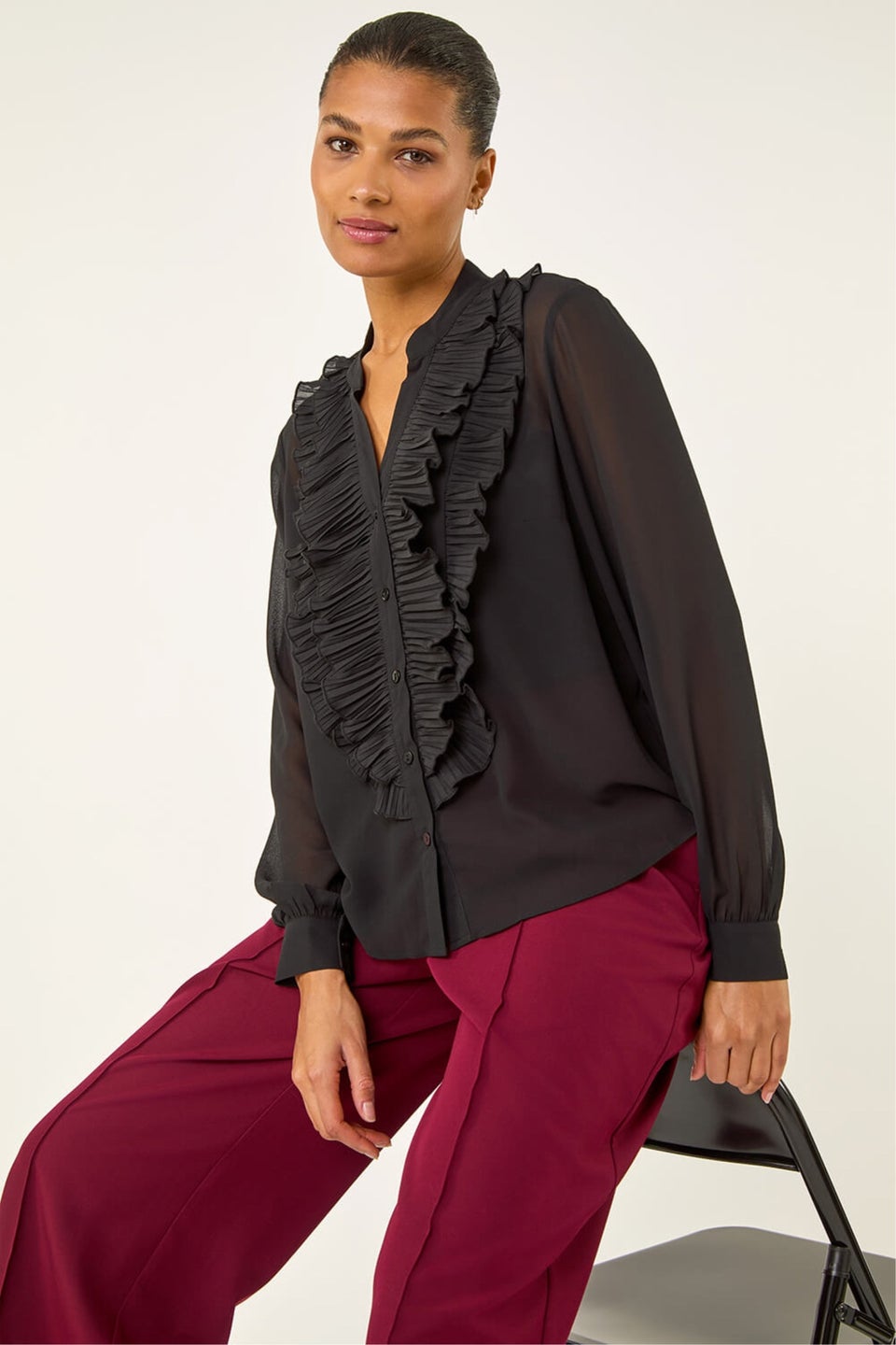 Roman Black Ruffle Front V-Neck Blouse