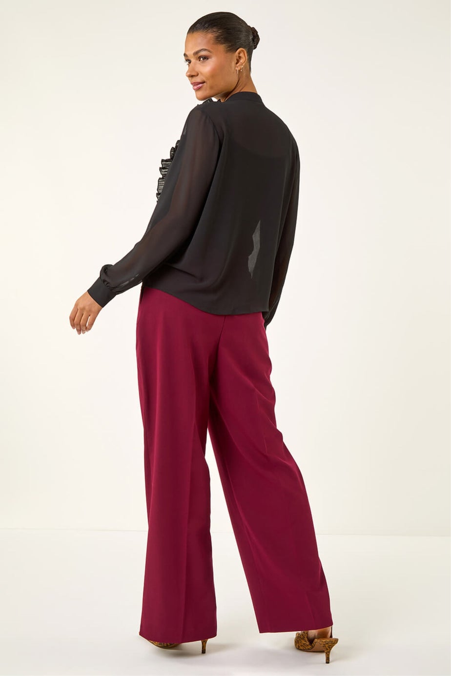 Roman Black Ruffle Front V-Neck Blouse