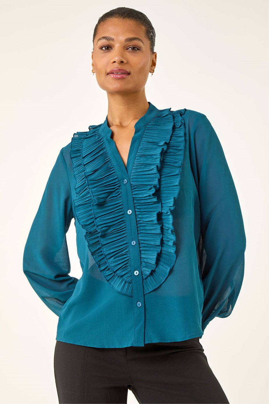 Roman Teal Ruffle Front V-Neck Blouse